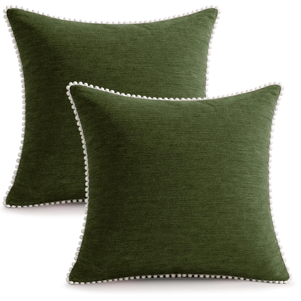 KOSTORICA, Chenille Bohemian Woven Border Lace Pom Pom Cushion Covers for Bedroom, Living Room, Home Décor, Office, Sofa, Chair & Couch (Green_Pack of 2 Pcs_16x16 Inches)