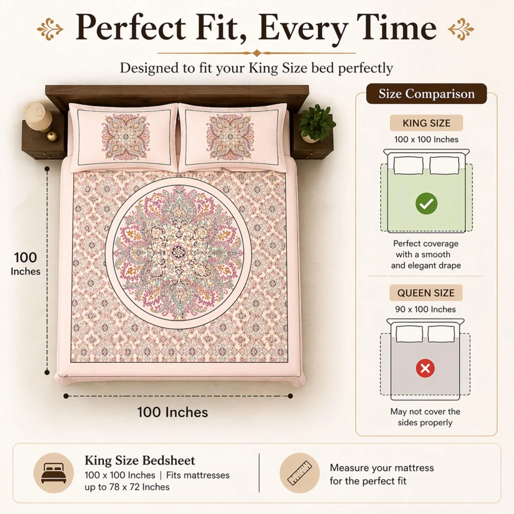 King Size 100% Cotton 200 T.C Mandala Bedsheet (100x100 Inches) with Pillow Covers (18x28 Inches) | Soft Breathable Printed Bed Sheet | Bedding Set King Size | Peach Pink for Bedroom & Home Decor