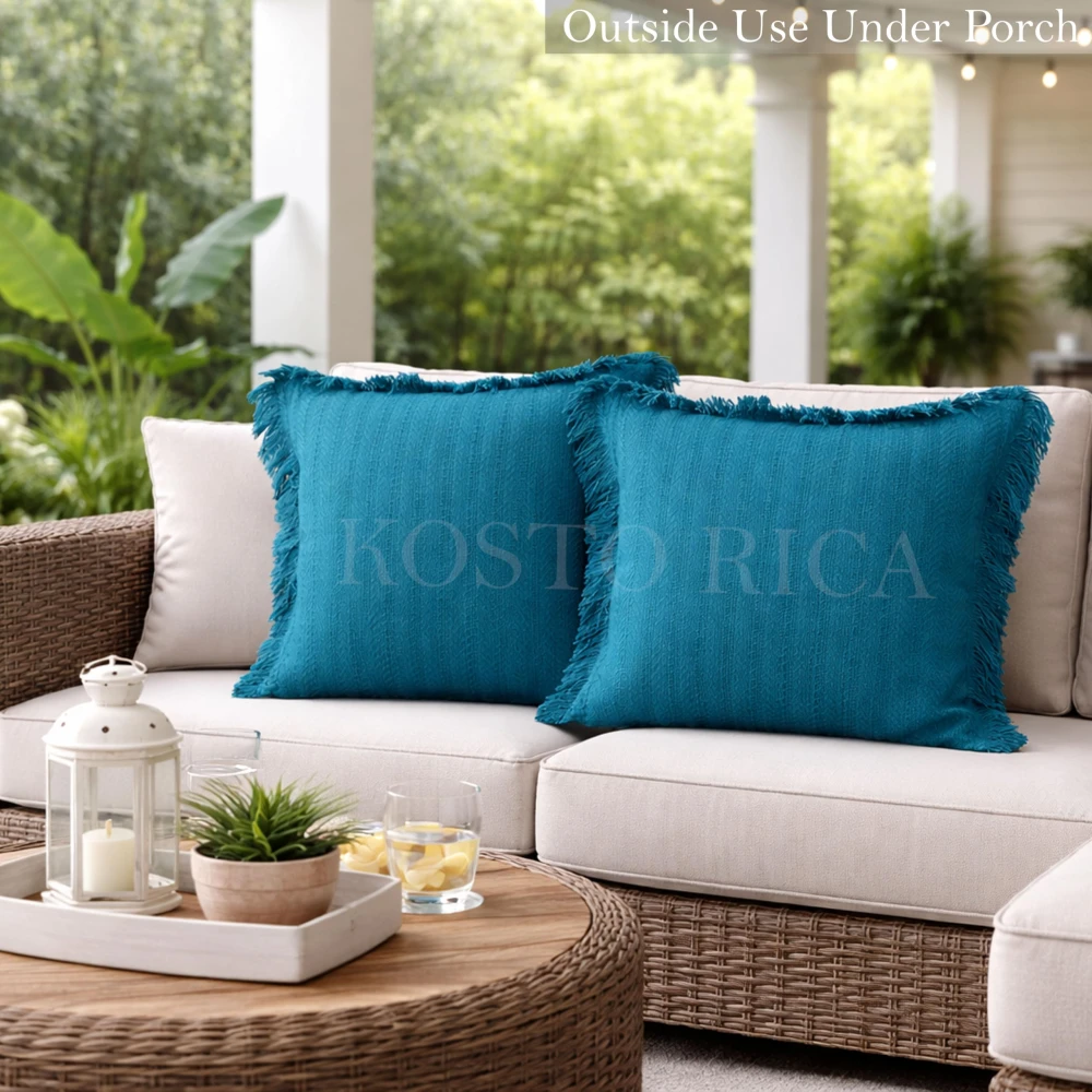 KOSTORICA, Herringbone Chevron Stripe Bohemian Woven Fringes Texture Cushion Covers for Bedroom, Living Room, Home Décor, Office, Chair, Sofa & Couch (Teal or Ferozi Blue_Pack of 2 Pcs_16x16 Inches)