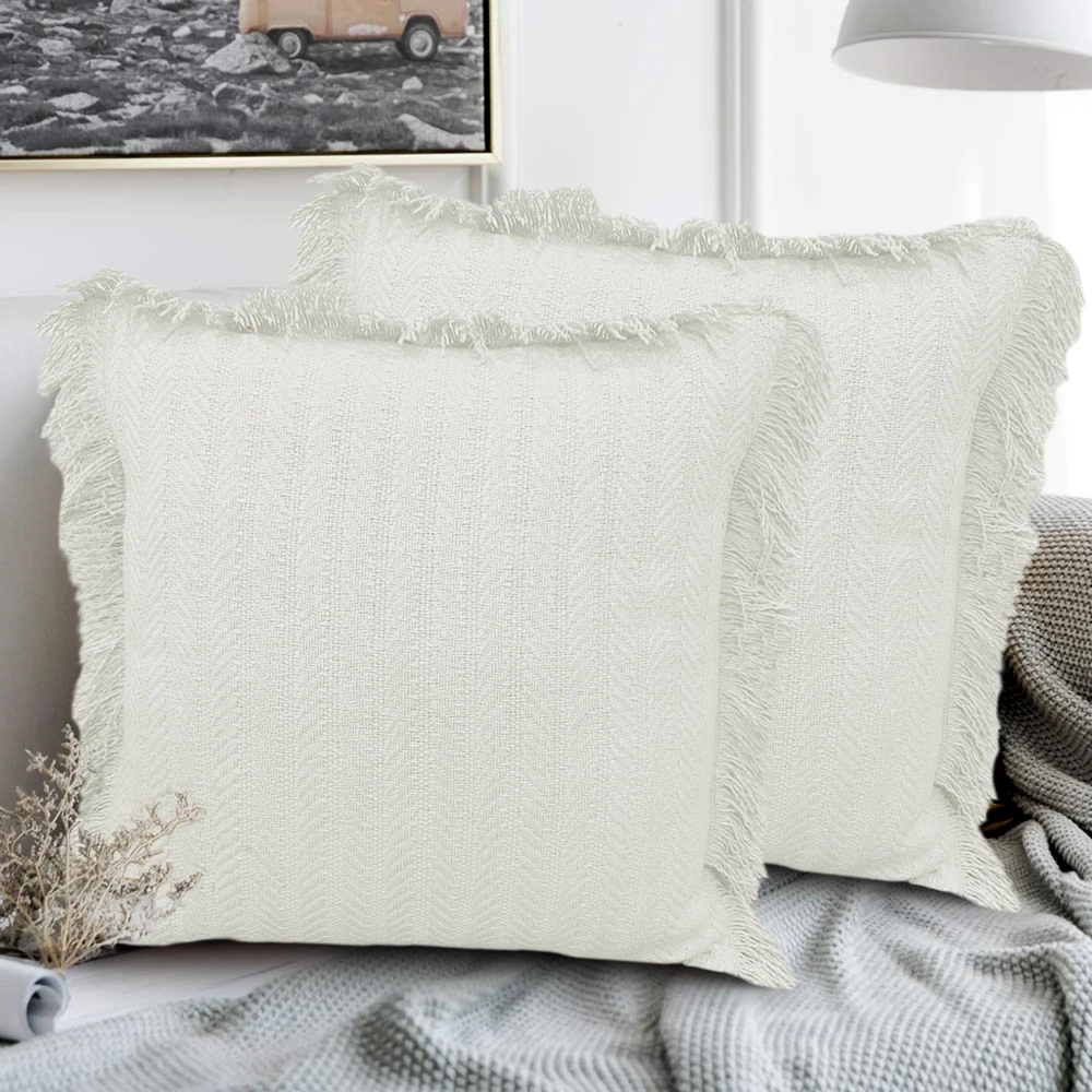KOSTORICA, Herringbone Chevron Stripe Bohemian Woven Fringes Texture Cushion Covers for Bedroom, Living Room, Home Décor, Office, Chair, Sofa & Couch (Offwhite - Ivory_Pack of 2 Pcs_16x16 Inches)