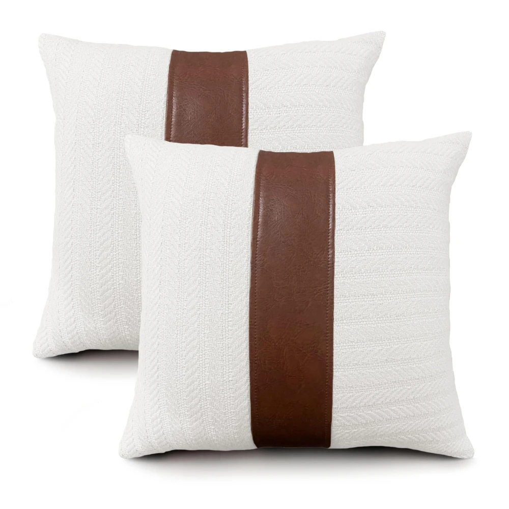 KOSTORICA, Herringbone Chevron Stripe Boho Faux Leather Woven Cushion Covers for Bedroom, Living Room, Home Décor, Office, Sofa, Chair & Couch (Ivory, offwhite, Tan Brown_Pack of 2 Pcs_16x16 Inches)