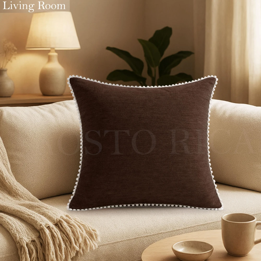 KOSTORICA, Chenille Bohemian Woven Border Lace Pom Pom Cushion Covers for Bedroom, Living Room, Home Décor, Office, Sofa, Chair & Couch (Dark Brown_Pack of 2 Pcs_16x16 Inches)