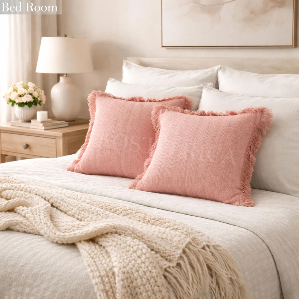 KOSTORICA, Herringbone Chevron Stripe Bohemian Woven Fringes Texture Cushion Covers for Bedroom, Living Room, Home Décor, Office, Chair, Sofa & Couch (Pink_Pack of 2 Pcs_16x16 Inches)