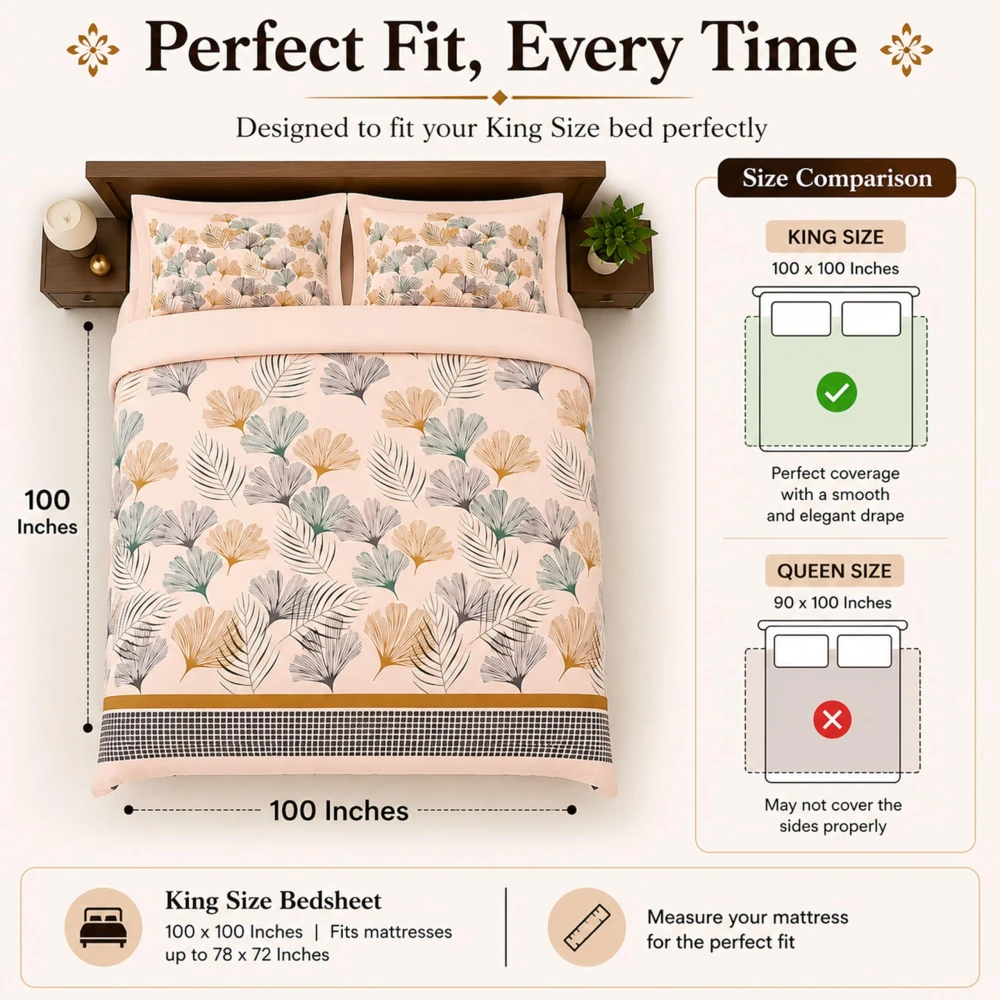 King Size 100% Cotton 200 T.C Tropical Floral Bedsheet (100x100 Inches) & Pillow Covers (18x28 Inches) | Soft Breathable Printed Bed Sheet | Bedding Set King Size | Peach Pink for Bedroom & Home Decor