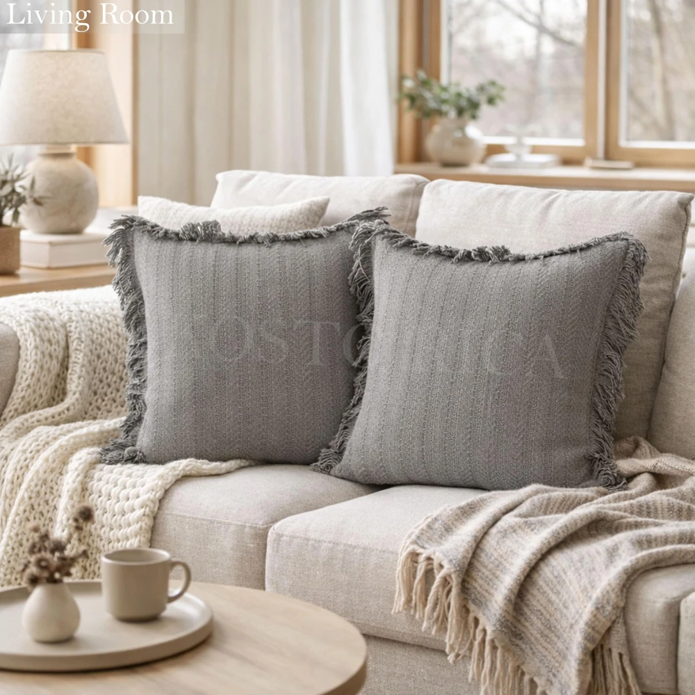 KOSTORICA, Herringbone Chevron Stripe Bohemian Woven Fringes Texture Cushion Covers for Bedroom, Living Room, Home Décor, Office, Chair, Sofa & Couch (Grey_Pack of 2 Pcs_16x16 Inches)