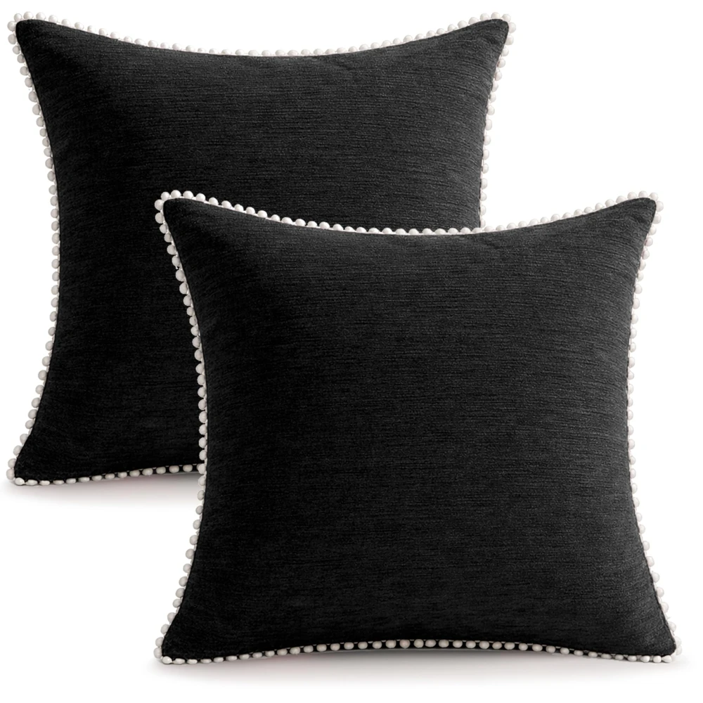 KOSTORICA, Chenille Bohemian Woven Border Lace Pom Pom Cushion Covers for Bedroom, Living Room, Home Décor, Office, Sofa, Chair & Couch (Black_Pack of 2 Pcs_16x16 Inches)