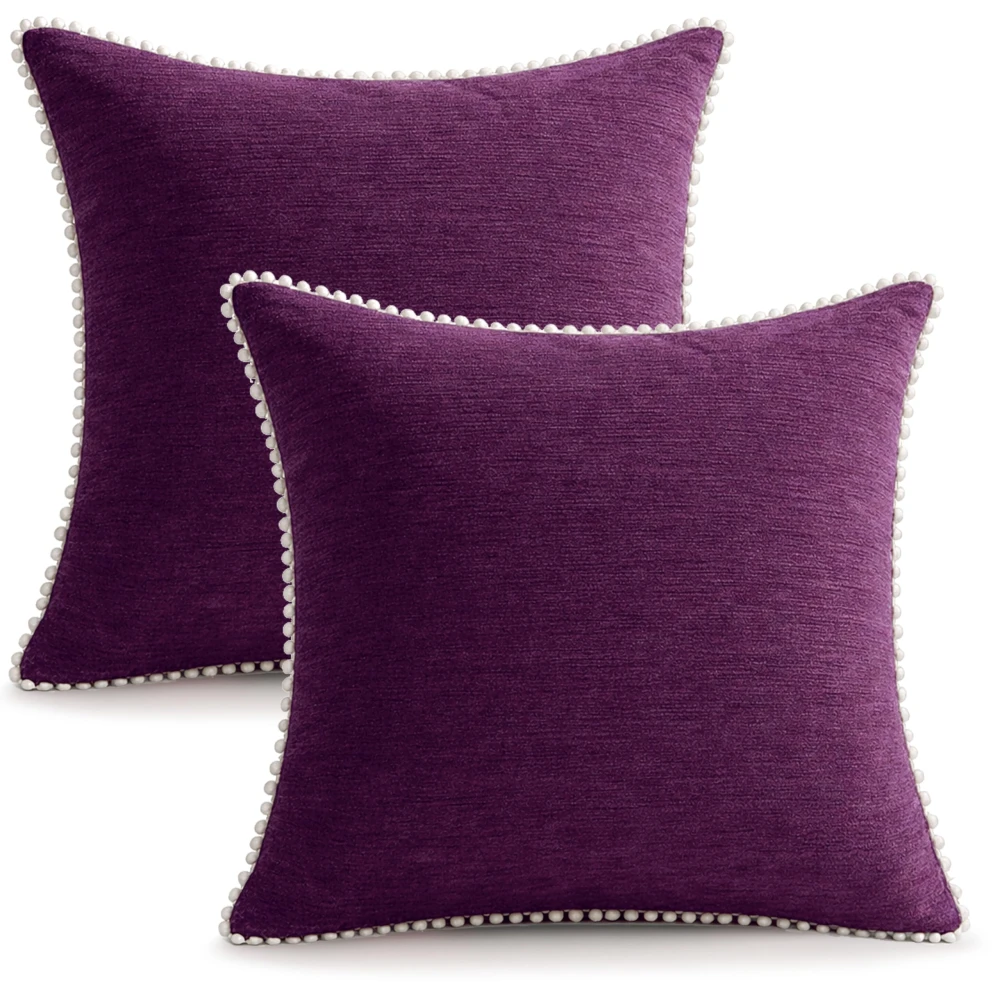 KOSTORICA, Chenille Bohemian Woven Border Lace Pom Pom Cushion Covers for Bedroom, Living Room, Home Décor, Office, Sofa, Chair & Couch (Purple Plum Pink_Pack of 2 Pcs_16x16 Inches)