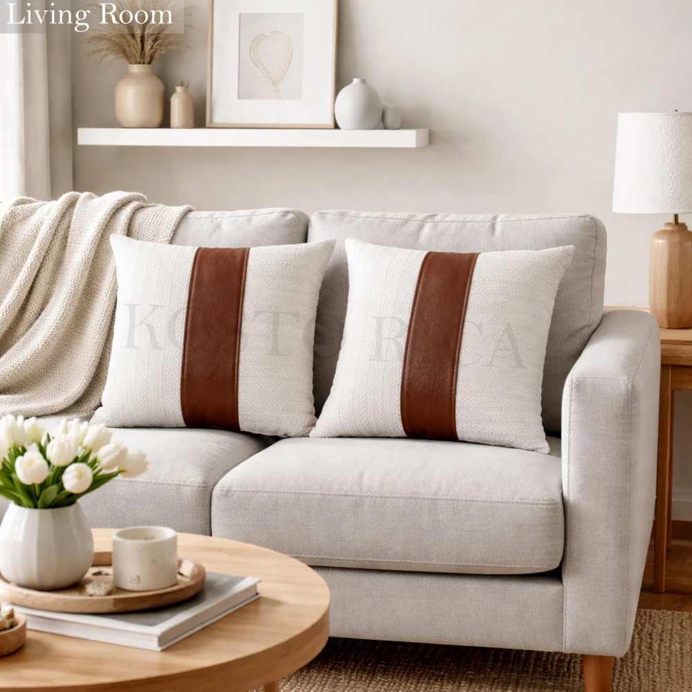 KOSTORICA, Herringbone Chevron Stripe Boho Faux Leather Woven Cushion Covers for Bedroom, Living Room, Home Décor, Office, Sofa, Chair & Couch (Ivory, offwhite, Tan Brown_Pack of 2 Pcs_16x16 Inches)