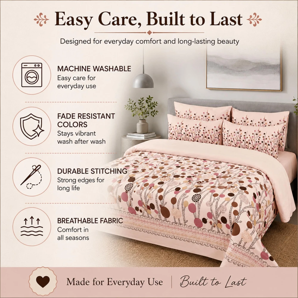 King Size 100% Cotton 200 T.C Floral Bedsheet (100x100 Inches) with Pillow Covers (18x28 Inches) | Soft Breathable Printed Bed Sheet | Bedding Set King Size | Peach Pink for Bedroom