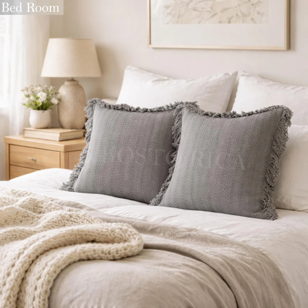 KOSTORICA, Herringbone Chevron Stripe Bohemian Woven Fringes Texture Cushion Covers for Bedroom, Living Room, Home Décor, Office, Chair, Sofa & Couch (Grey_Pack of 2 Pcs_16x16 Inches)