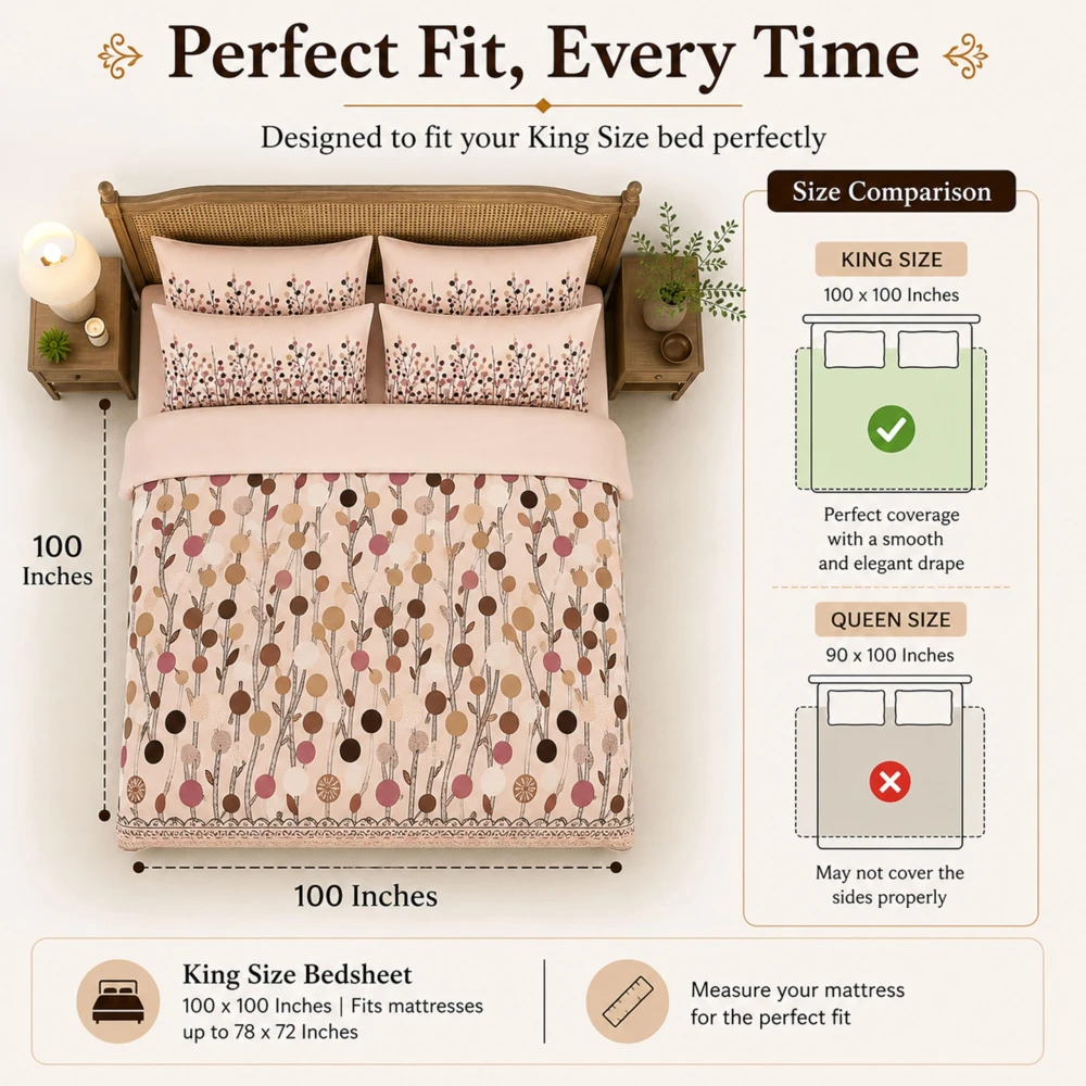 King Size 100% Cotton 200 T.C Floral Bedsheet (100x100 Inches) with Pillow Covers (18x28 Inches) | Soft Breathable Printed Bed Sheet | Bedding Set King Size | Peach Pink for Bedroom