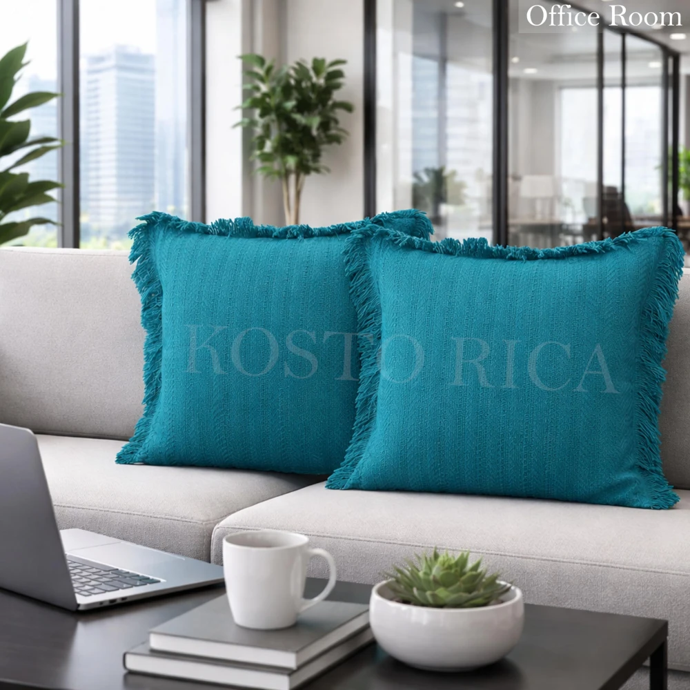 KOSTORICA, Herringbone Chevron Stripe Bohemian Woven Fringes Texture Cushion Covers for Bedroom, Living Room, Home Décor, Office, Chair, Sofa & Couch (Teal or Ferozi Blue_Pack of 2 Pcs_16x16 Inches)
