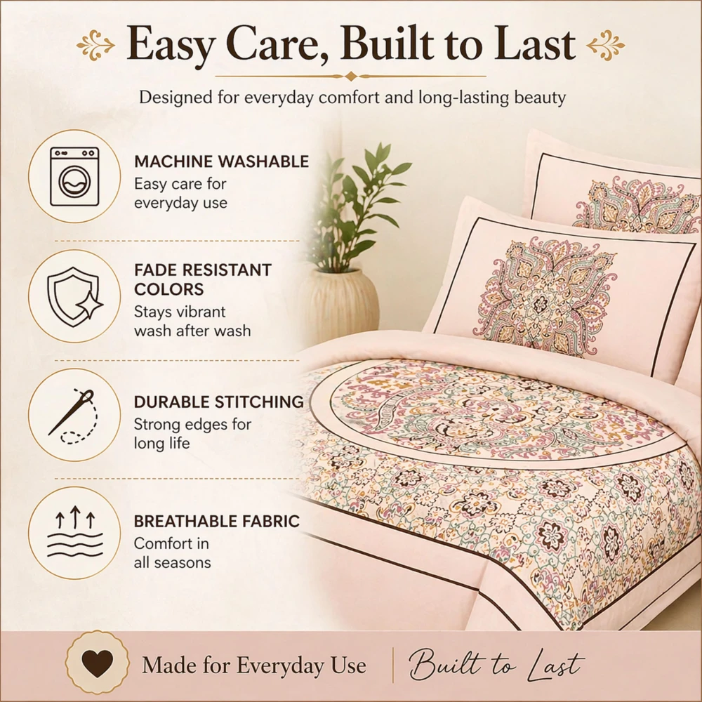 King Size 100% Cotton 200 T.C Mandala Bedsheet (100x100 Inches) with Pillow Covers (18x28 Inches) | Soft Breathable Printed Bed Sheet | Bedding Set King Size | Peach Pink for Bedroom & Home Decor