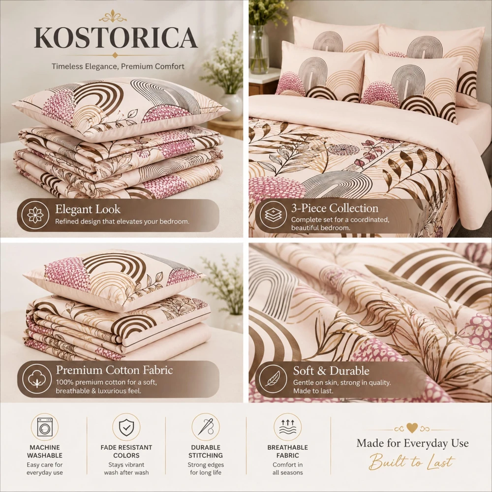 King Size 100% Cotton 200 T.C Floral Bedsheet (100x100 Inches) with Pillow Covers (18x28 Inches) | Soft Breathable Printed Bed Sheet | Bedding Set King Size | Peach Pink for Bedroom & Décor