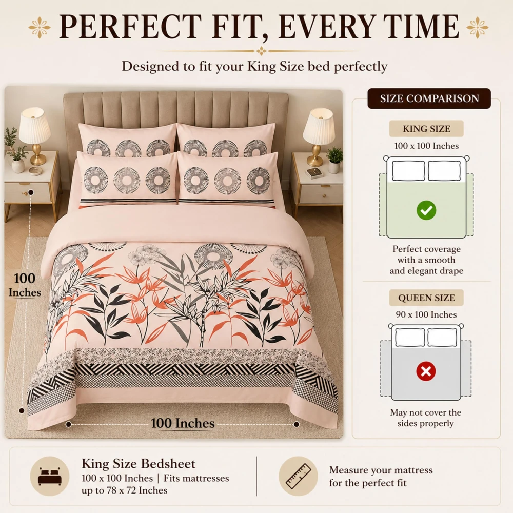 King Size 100% Cotton 200 T.C Floral Bedsheet (100x100 Inches) with Pillow Covers (18x28 Inches) | Soft Breathable Printed Bed Sheet | Bedding Set King Size | Peach Pink for Bedroom & Home Décor