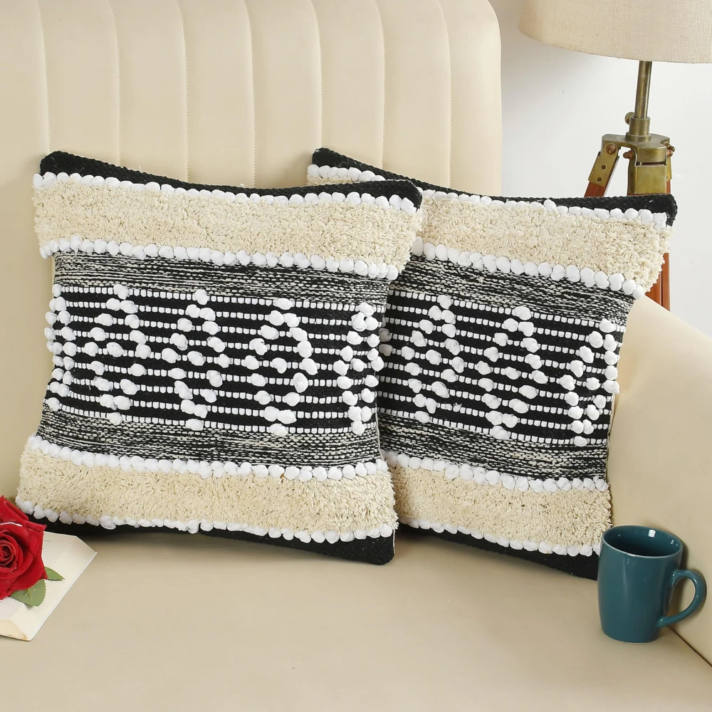 KOSTORICA, Tufted Boho Woven Cushion Covers for Bedroom, Living Room, Home Décor, Office, Sofa, Chair & Couch (Black & offwhite_Pack of 2 Pcs_16x16 Inches)