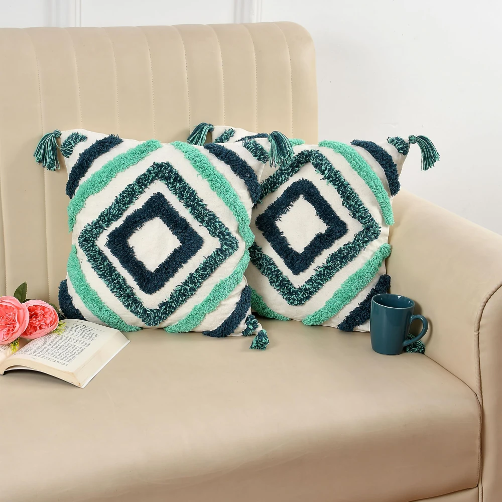 KOSTORICA, Diamond Tufted Bohemian Woven Cushion Covers for Bedroom, Living Room, Home Décor, Office, Sofa, Chair & Couch (Teal Firozi Blue, Sea Green_Pack of 2 Pcs_16x16 Inches)