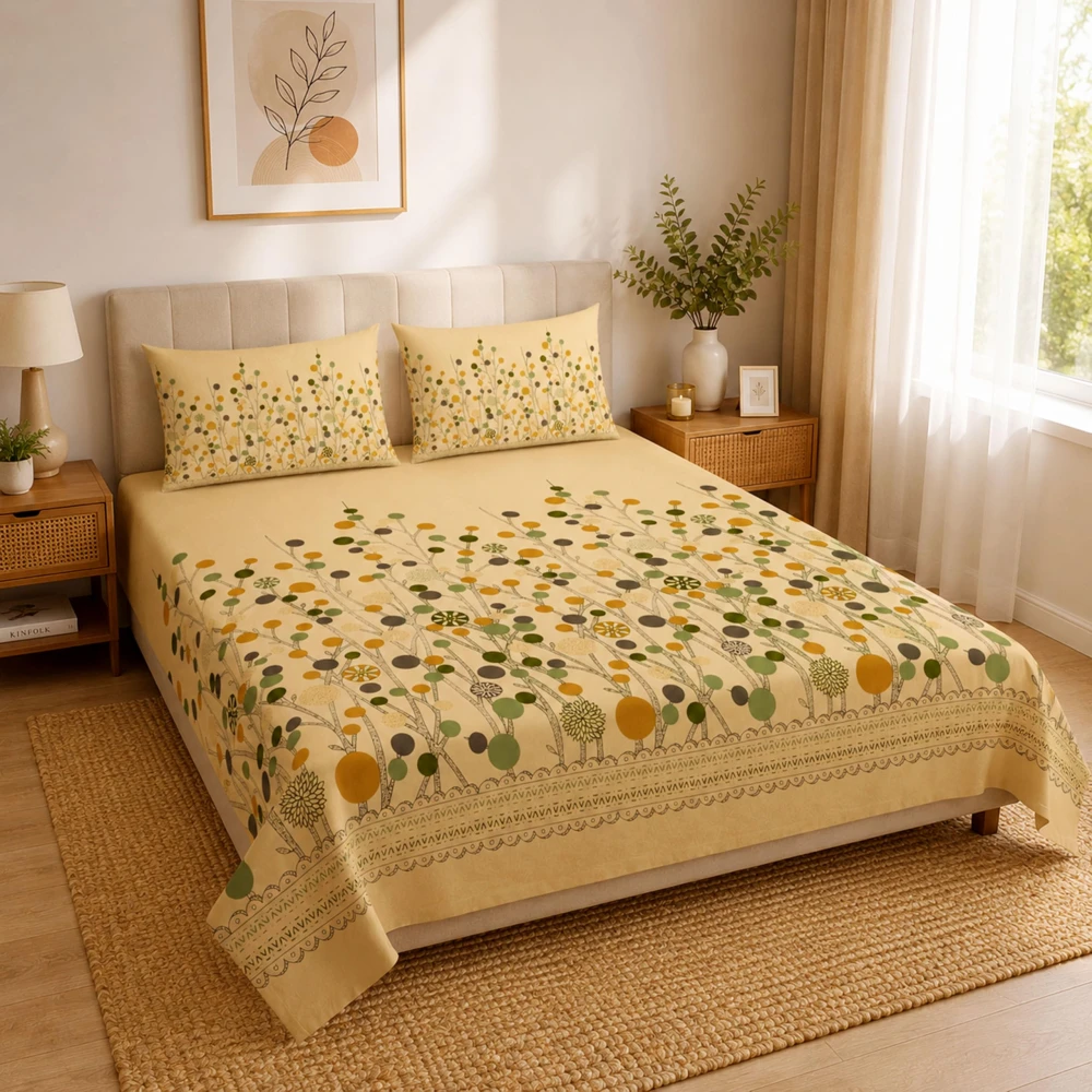 King Size 100% Cotton 200 T.C Floral Bedsheet (100x100 Inches) with Pillow Covers (18x28 Inches) | Soft Breathable Printed Bed Sheet | Bedding Set King Size | Beige for Bedroom & Home Décor