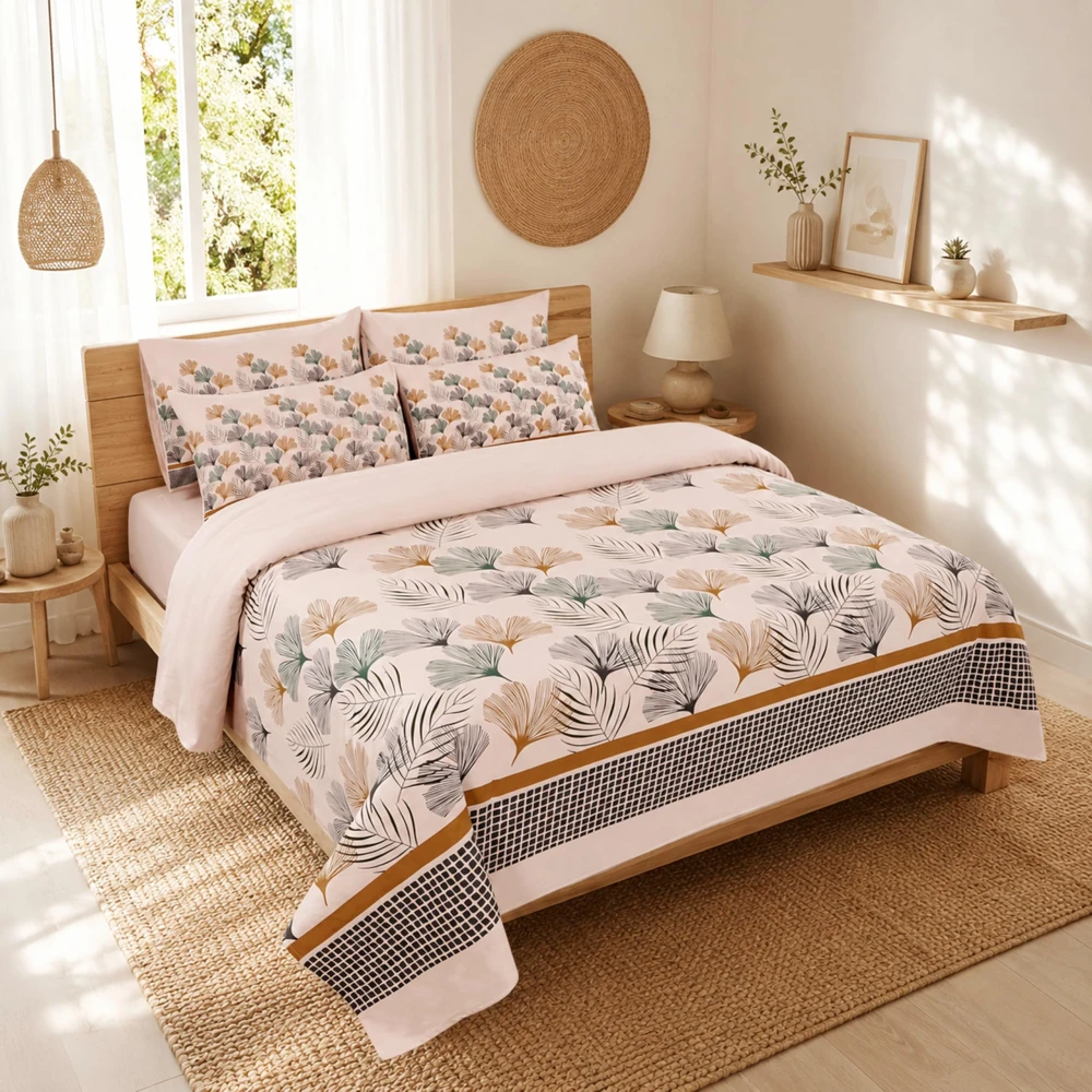 King Size 100% Cotton 200 T.C Tropical Floral Bedsheet (100x100 Inches) & Pillow Covers (18x28 Inches) | Soft Breathable Printed Bed Sheet | Bedding Set King Size | Peach Pink for Bedroom & Home Decor