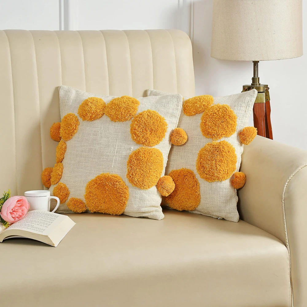 KOSTORICA, Polka Dot Circle Tufted Bohemian Woven Cushion Covers for Bedroom, Living Room, Home Décor, Office, Sofa, Chair & Couch (Mustard Yellow_Pack of 2 Pcs_16x16 Inches)