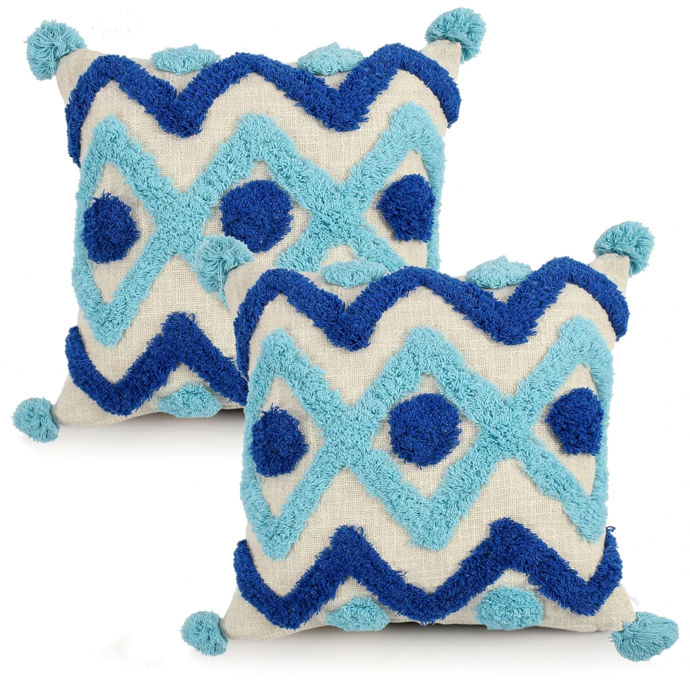 KOSTORICA, Chevron Diamond Tufted Bohemian Woven Cushion Covers for Bedroom, Living Room, Home Décor, Office, Sofa, Chair & Couch (Navy-Aqua Blue_Pack of 2 Pcs_16x16 Inches)