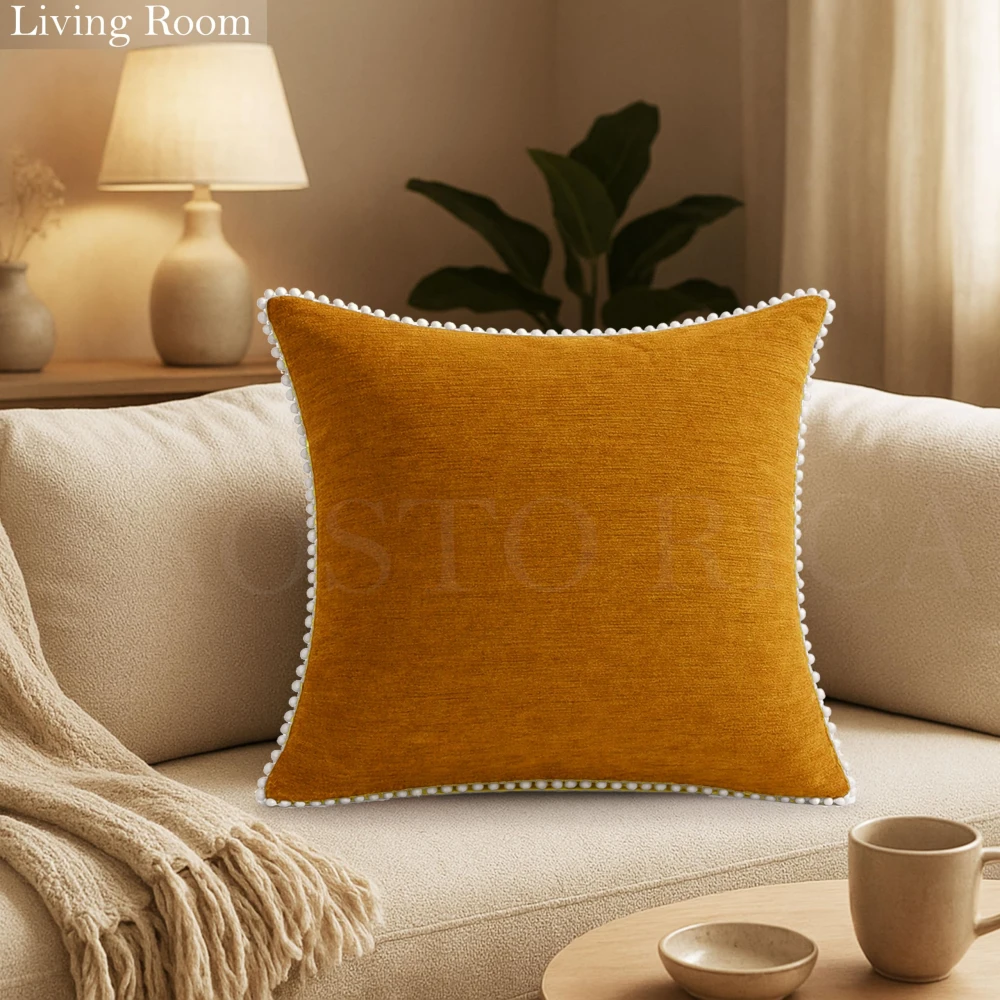 KOSTORICA, Chenille Bohemian Woven Border Lace Pom Pom Cushion Covers for Bedroom, Living Room, Home Décor, Office, Sofa, Chair & Couch (Mustard Yellow_Pack of 2 Pcs_16x16 Inches)