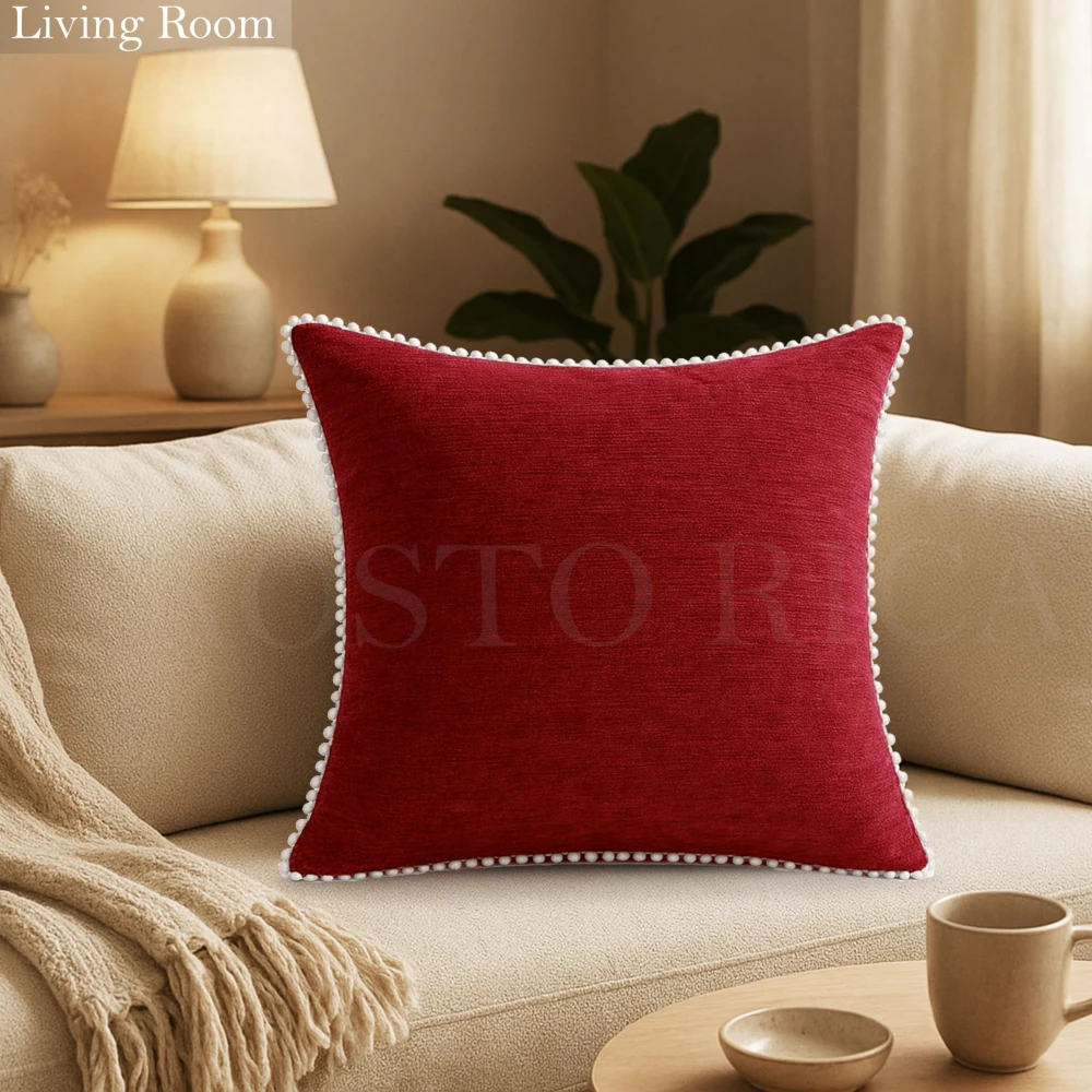 KOSTORICA, Chenille Bohemian Woven Border Lace Pom Pom Cushion Covers for Bedroom, Living Room, Home Décor, Office, Sofa, Chair & Couch (Burgundy Red_Pack of 2 Pcs_16x16 Inches)