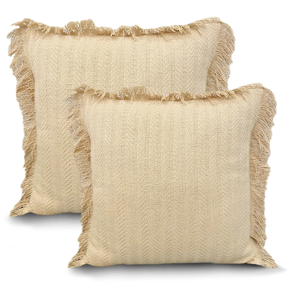 KOSTORICA, Herringbone Chevron Stripe Bohemian Woven Fringes Texture Cushion Covers for Bedroom, Living Room, Home Décor, Office, Chair, Sofa & Couch (Tan Beige_Pack of 2 Pcs_16x16 Inches)