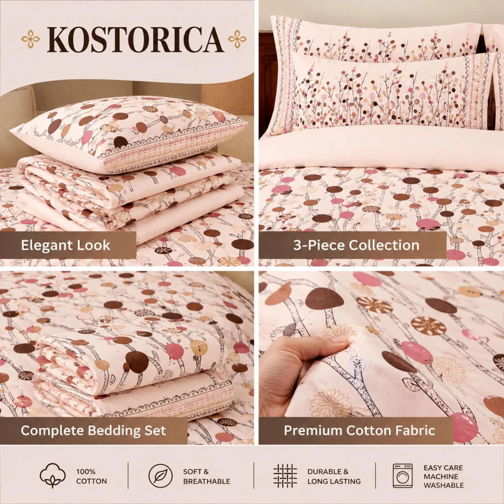 King Size 100% Cotton 200 T.C Floral Bedsheet (100x100 Inches) with Pillow Covers (18x28 Inches) | Soft Breathable Printed Bed Sheet | Bedding Set King Size | Peach Pink for Bedroom