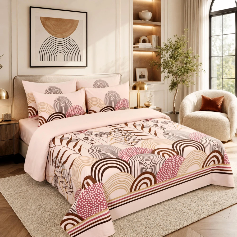 King Size 100% Cotton 200 T.C Floral Bedsheet (100x100 Inches) with Pillow Covers (18x28 Inches) | Soft Breathable Printed Bed Sheet | Bedding Set King Size | Peach Pink for Bedroom & Décor