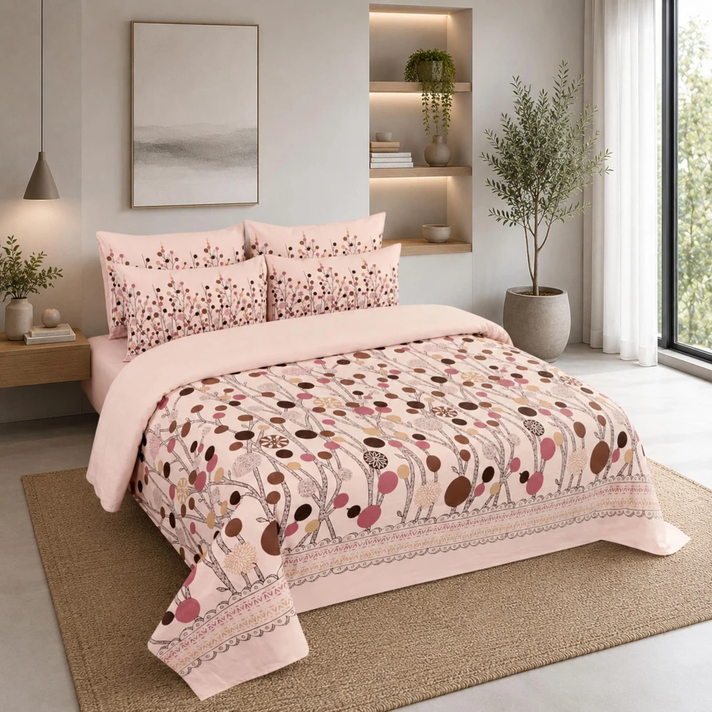 King Size 100% Cotton 200 T.C Floral Bedsheet (100x100 Inches) with Pillow Covers (18x28 Inches) | Soft Breathable Printed Bed Sheet | Bedding Set King Size | Peach Pink for Bedroom