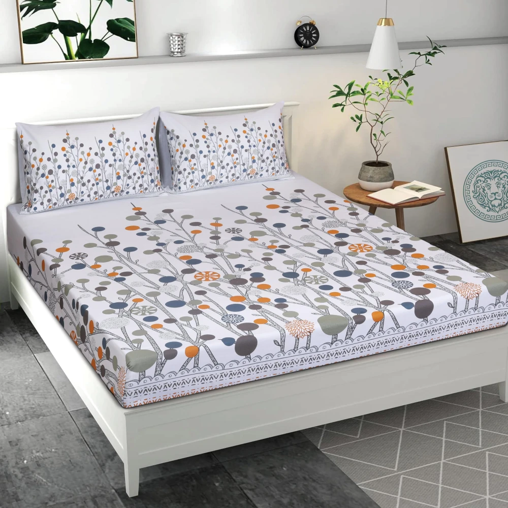 King Size 100% Cotton 200 T.C Floral Bedsheet (100x100 Inches) with Pillow Covers (18x28 Inches) | Soft Breathable Printed Bed Sheet | Bedding Set King Size | Grey for Bedroom & Home Décor