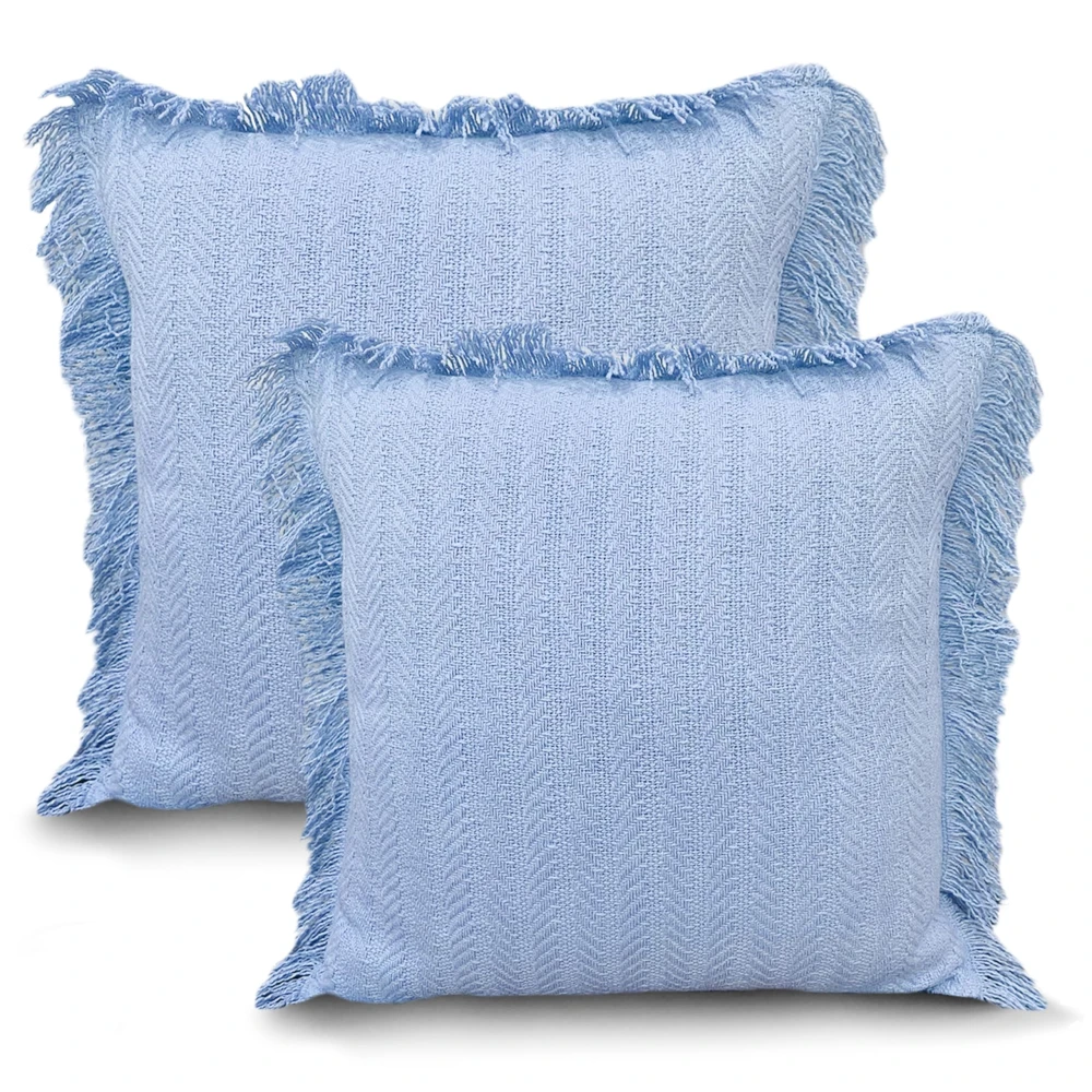 KOSTORICA, Herringbone Chevron Stripe Bohemian Woven Fringes Texture Cushion Covers for Bedroom, Living Room, Home Décor, Office, Chair, Sofa & Couch (Sky Blue_Pack of 2 Pcs_16x16 Inches)