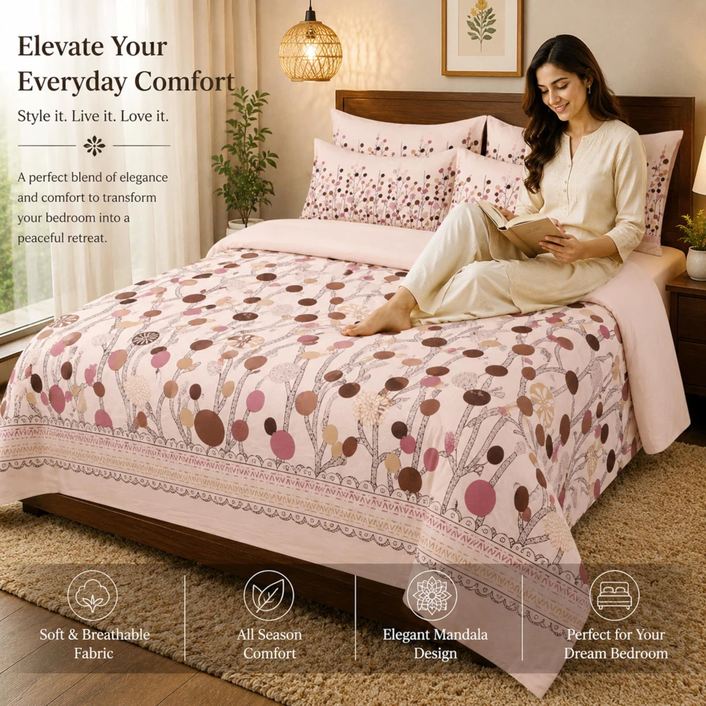 King Size 100% Cotton 200 T.C Floral Bedsheet (100x100 Inches) with Pillow Covers (18x28 Inches) | Soft Breathable Printed Bed Sheet | Bedding Set King Size | Peach Pink for Bedroom