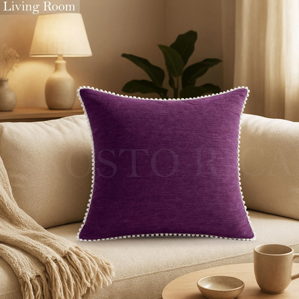 KOSTORICA, Chenille Bohemian Woven Border Lace Pom Pom Cushion Covers for Bedroom, Living Room, Home Décor, Office, Sofa, Chair & Couch (Purple Plum Pink_Pack of 2 Pcs_16x16 Inches)