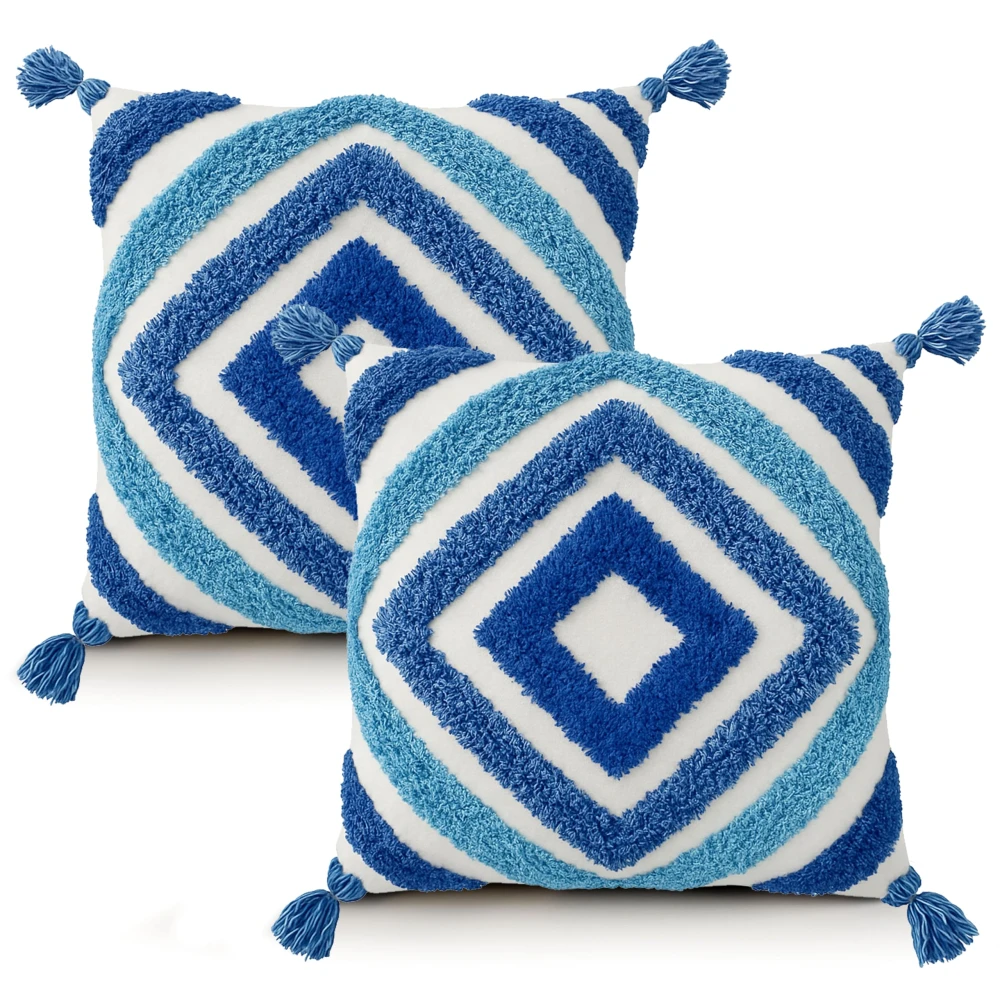 KOSTORICA, Diamond Tufted Bohemian Woven Cushion Covers for Bedroom, Living Room, Home Décor, Office, Sofa, Chair & Couch (Navy-Aqua Blue_Pack of 2 Pcs_16x16 Inches)