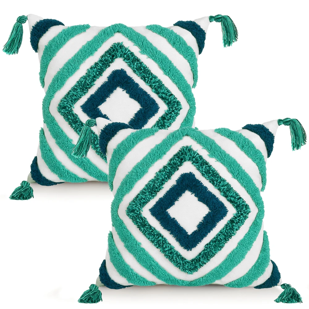 KOSTORICA, Diamond Tufted Bohemian Woven Cushion Covers for Bedroom, Living Room, Home Décor, Office, Sofa, Chair & Couch (Teal Firozi Blue, Sea Green_Pack of 2 Pcs_16x16 Inches)
