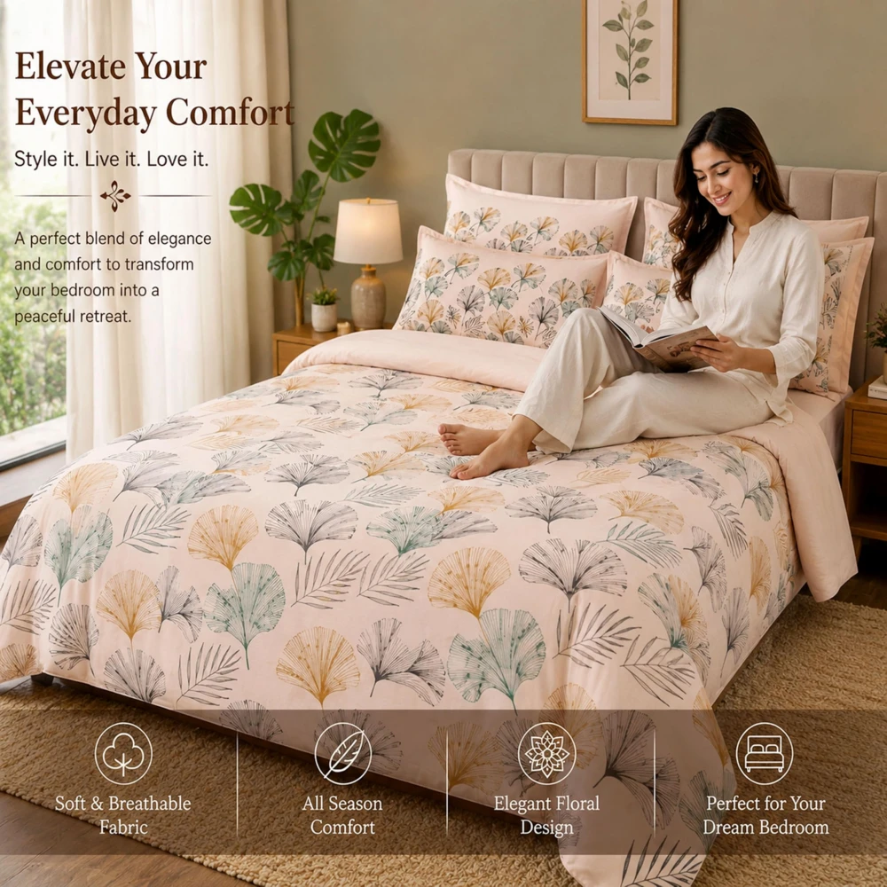 King Size 100% Cotton 200 T.C Tropical Floral Bedsheet (100x100 Inches) & Pillow Covers (18x28 Inches) | Soft Breathable Printed Bed Sheet | Bedding Set King Size | Peach Pink for Bedroom & Home Decor