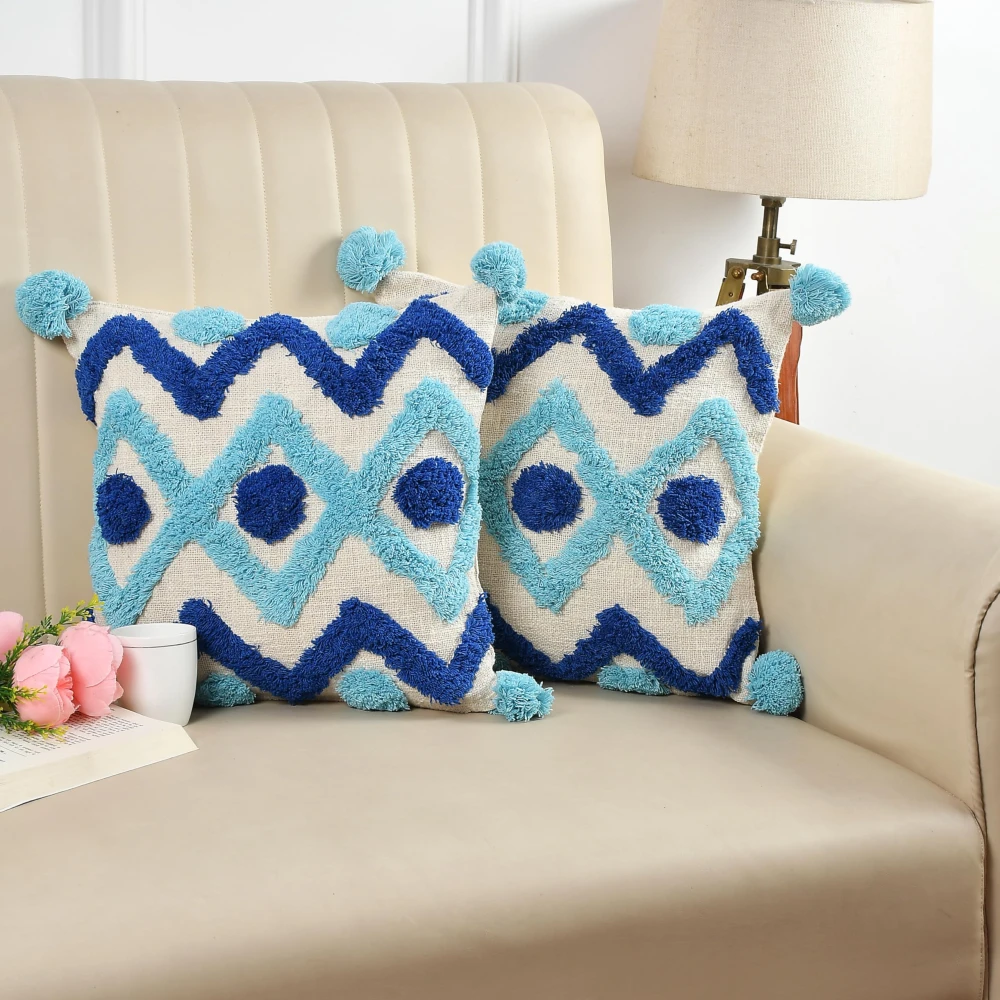 KOSTORICA, Chevron Diamond Tufted Bohemian Woven Cushion Covers for Bedroom, Living Room, Home Décor, Office, Sofa, Chair & Couch (Navy-Aqua Blue_Pack of 2 Pcs_16x16 Inches)