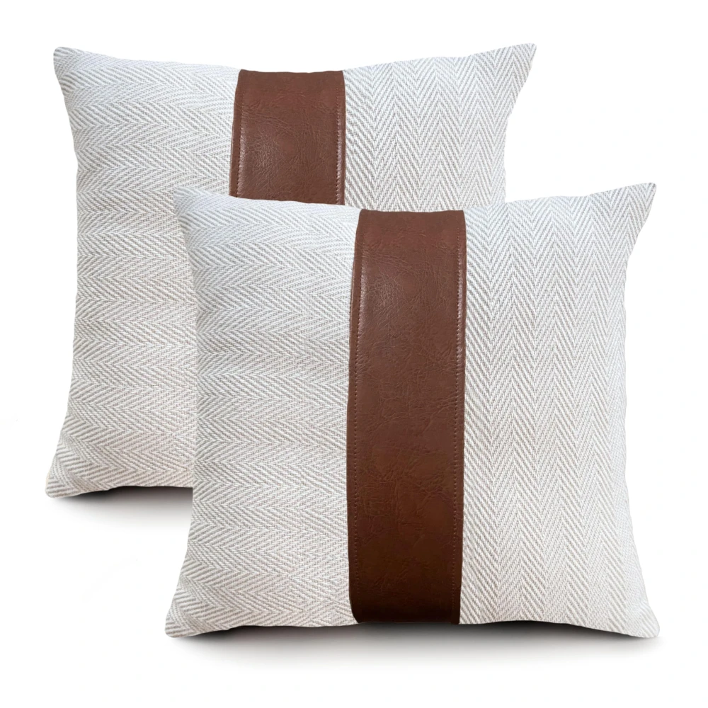 KOSTORICA, Herringbone Chevron Stripe Boho Faux Leather Woven Cushion Covers for Bedroom, Living Room, Home Décor, Office, Sofa, Chair & Couch (Beige & Tan Brown_Pack of 2 Pcs_16x16 Inches)