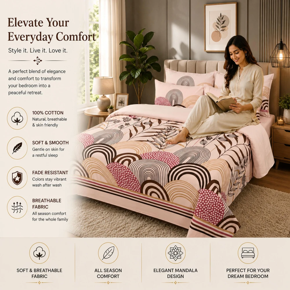 King Size 100% Cotton 200 T.C Floral Bedsheet (100x100 Inches) with Pillow Covers (18x28 Inches) | Soft Breathable Printed Bed Sheet | Bedding Set King Size | Peach Pink for Bedroom & Décor