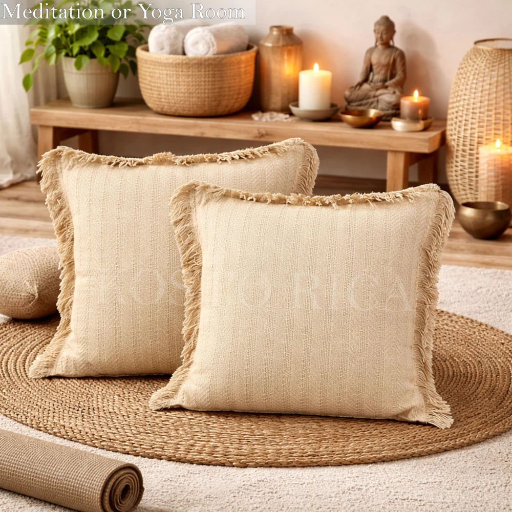 KOSTORICA, Herringbone Chevron Stripe Bohemian Woven Fringes Texture Cushion Covers for Bedroom, Living Room, Home Décor, Office, Chair, Sofa & Couch (Tan Beige_Pack of 2 Pcs_16x16 Inches)