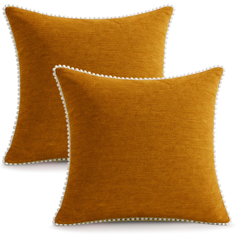 KOSTORICA, Chenille Bohemian Woven Border Lace Pom Pom Cushion Covers for Bedroom, Living Room, Home Décor, Office, Sofa, Chair & Couch (Mustard Yellow_Pack of 2 Pcs_16x16 Inches)