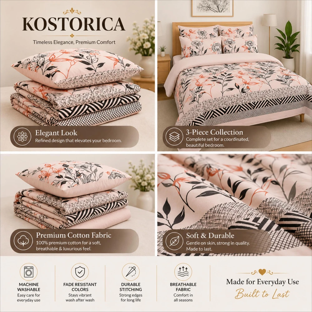King Size 100% Cotton 200 T.C Floral Bedsheet (100x100 Inches) with Pillow Covers (18x28 Inches) | Soft Breathable Printed Bed Sheet | Bedding Set King Size | Peach Pink for Bedroom & Home Décor