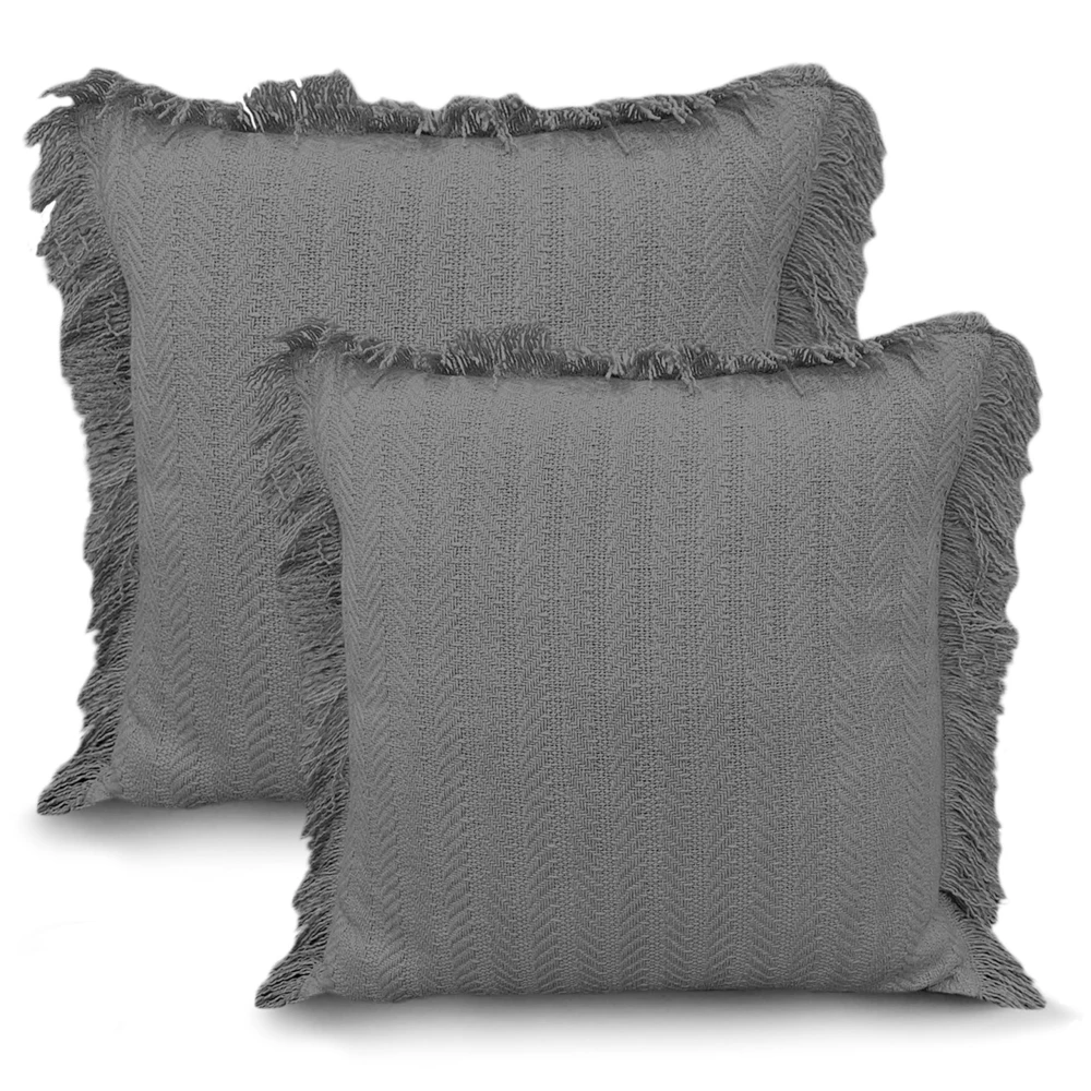 KOSTORICA, Herringbone Chevron Stripe Bohemian Woven Fringes Texture Cushion Covers for Bedroom, Living Room, Home Décor, Office, Chair, Sofa & Couch (Grey_Pack of 2 Pcs_16x16 Inches)