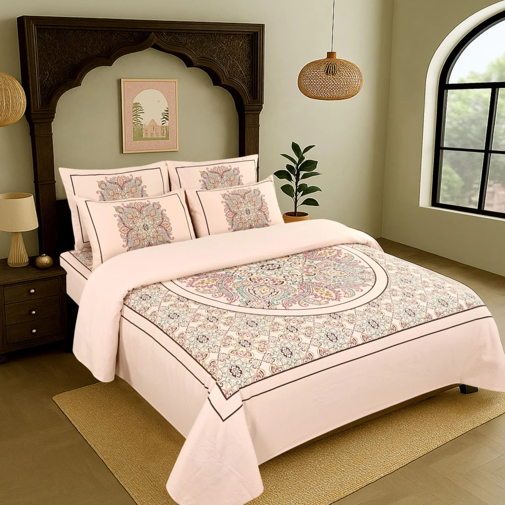 King Size 100% Cotton 200 T.C Mandala Bedsheet (100x100 Inches) with Pillow Covers (18x28 Inches) | Soft Breathable Printed Bed Sheet | Bedding Set King Size | Peach Pink for Bedroom & Home Decor