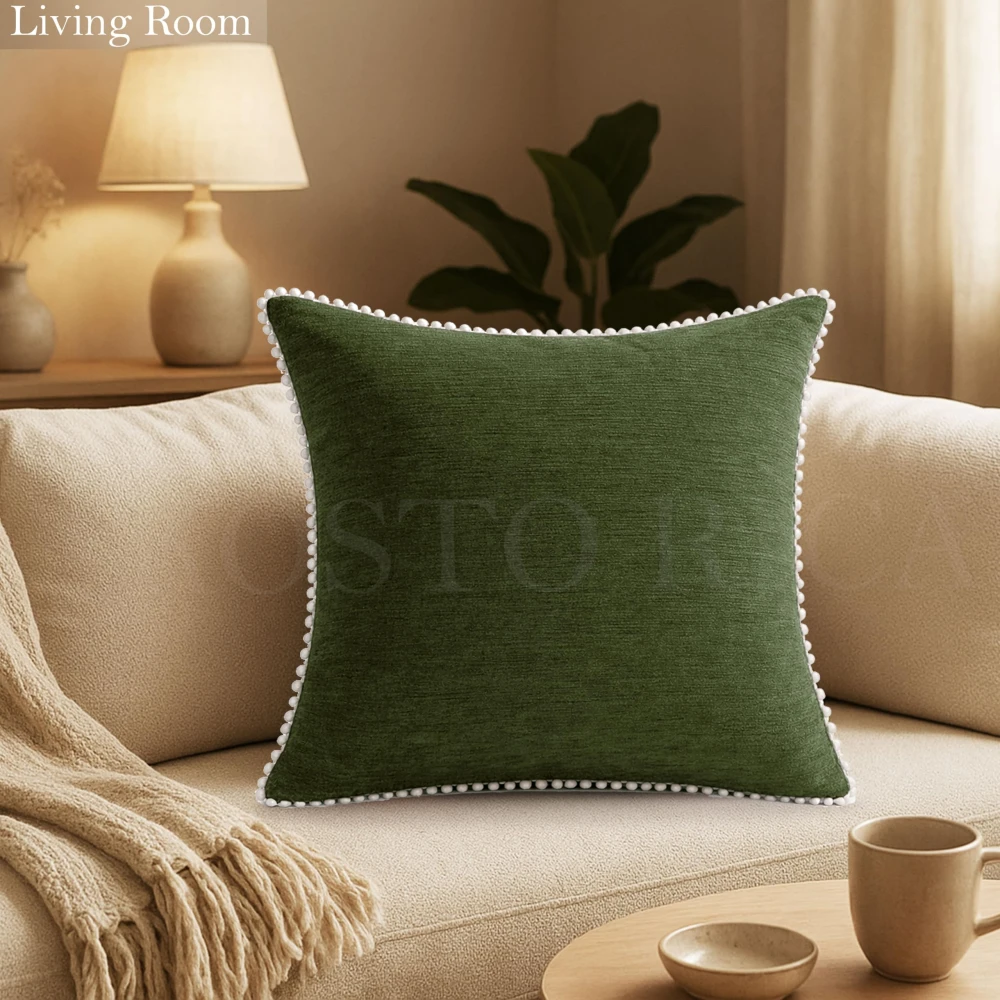 KOSTORICA, Chenille Bohemian Woven Border Lace Pom Pom Cushion Covers for Bedroom, Living Room, Home Décor, Office, Sofa, Chair & Couch (Green_Pack of 2 Pcs_16x16 Inches)