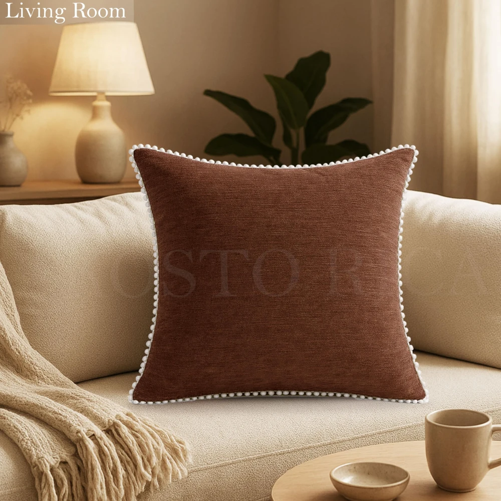 KOSTORICA, Chenille Bohemian Woven Border Lace Pom Pom Cushion Covers for Bedroom, Living Room, Home Décor, Office, Sofa, Chair & Couch (Light Brown_Pack of 2 Pcs_16x16 Inches)