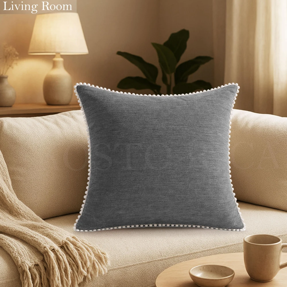 KOSTORICA, Chenille Bohemian Woven Border Lace Pom Pom Cushion Covers for Bedroom, Living Room, Home Décor, Office, Sofa, Chair & Couch (Grey_Pack of 2 Pcs_16x16 Inches)