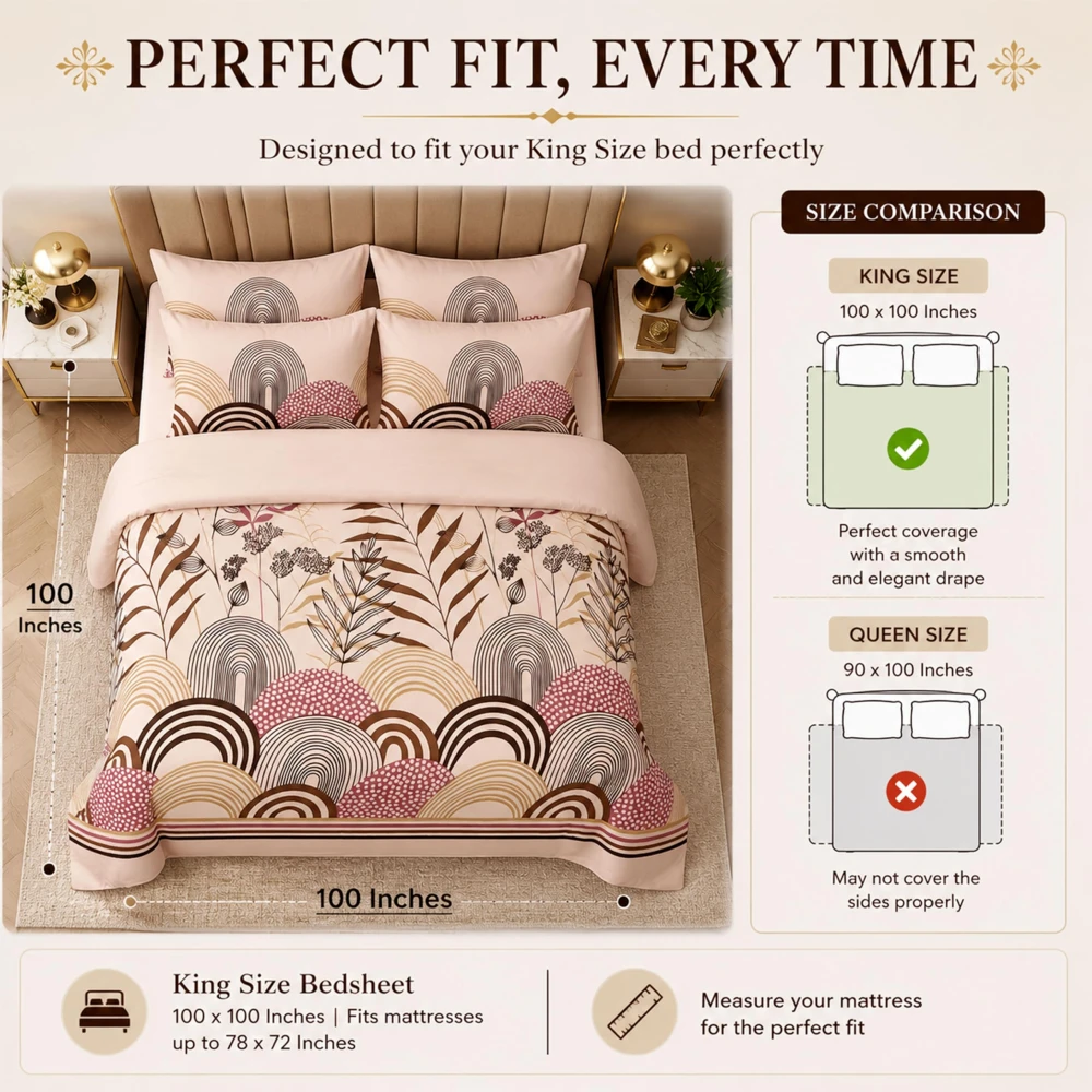 King Size 100% Cotton 200 T.C Floral Bedsheet (100x100 Inches) with Pillow Covers (18x28 Inches) | Soft Breathable Printed Bed Sheet | Bedding Set King Size | Peach Pink for Bedroom & Décor